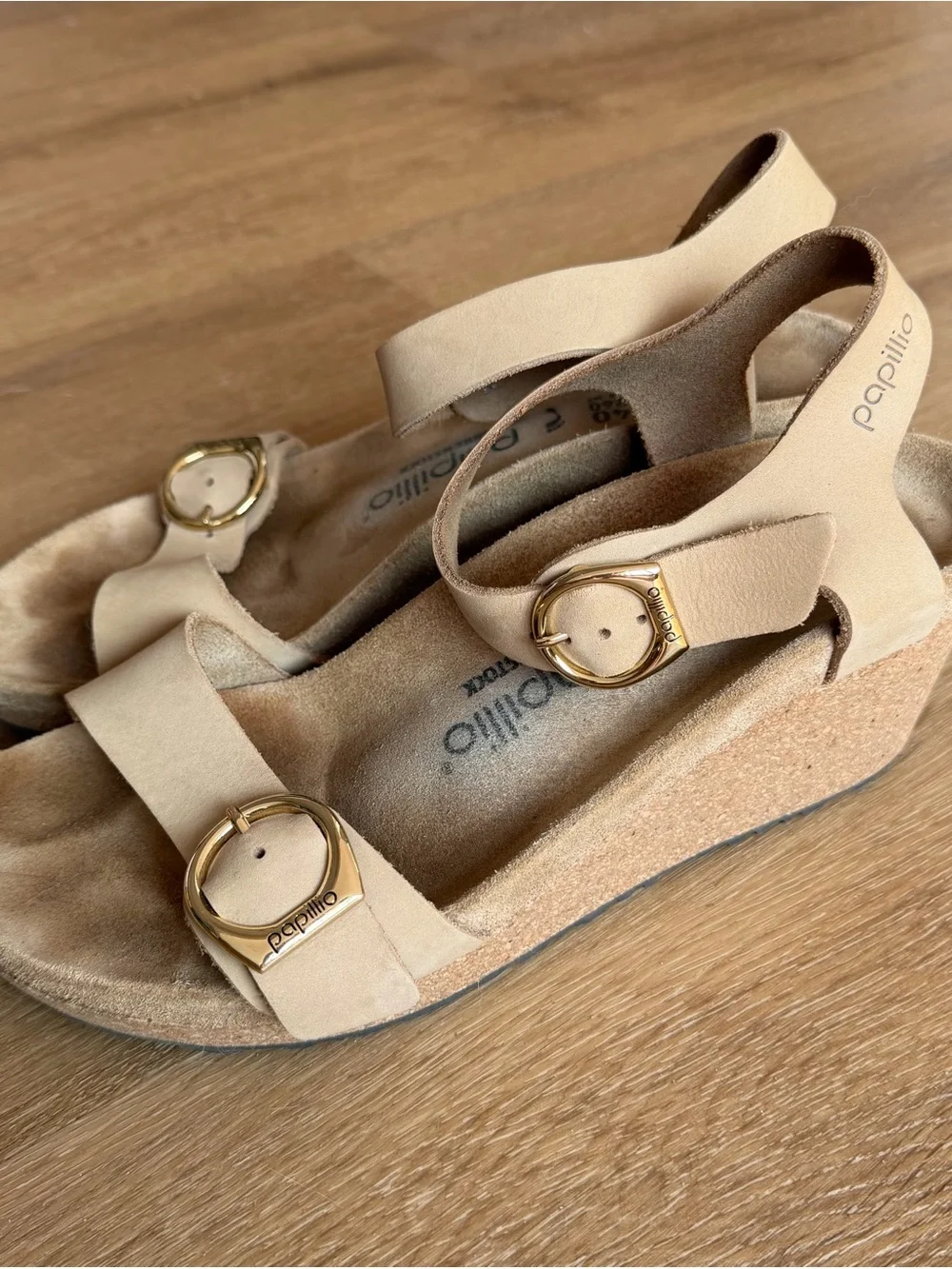 Birkenstock Papillio Soley Cork Wedge Heel Sandal Tan with Gold Buckles